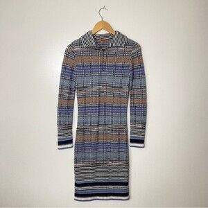 Missoni Y2K Quarter Zip Woven Knit Striped Blue Brown Long Sleeve Bodycon Dress